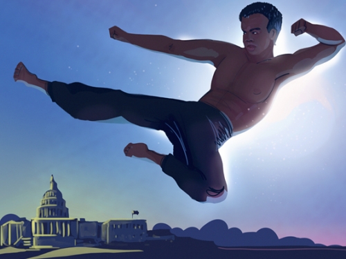 Illustration of a silhouette of a person doing a Taekwondo move over the U.S. Capitol.